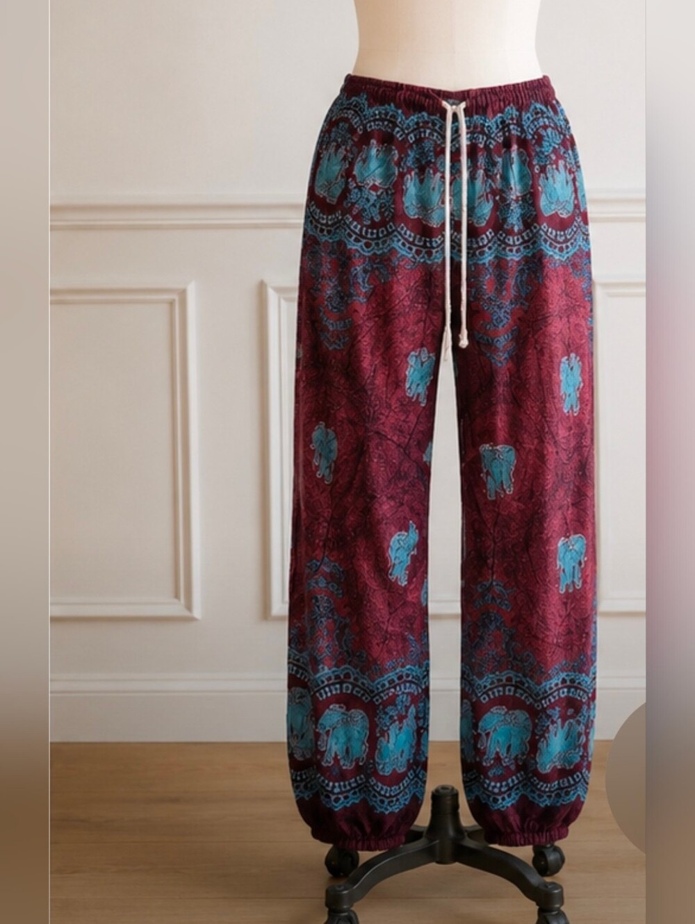Bohemian Thai women's Maroon & Teal Elastic Waist Printed Harem Pants